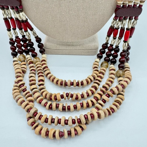 Chico’s Cherry-Colored Bib Necklace Beaded Tribal Boho Tropic Vaca Statement - Picture 7 of 14